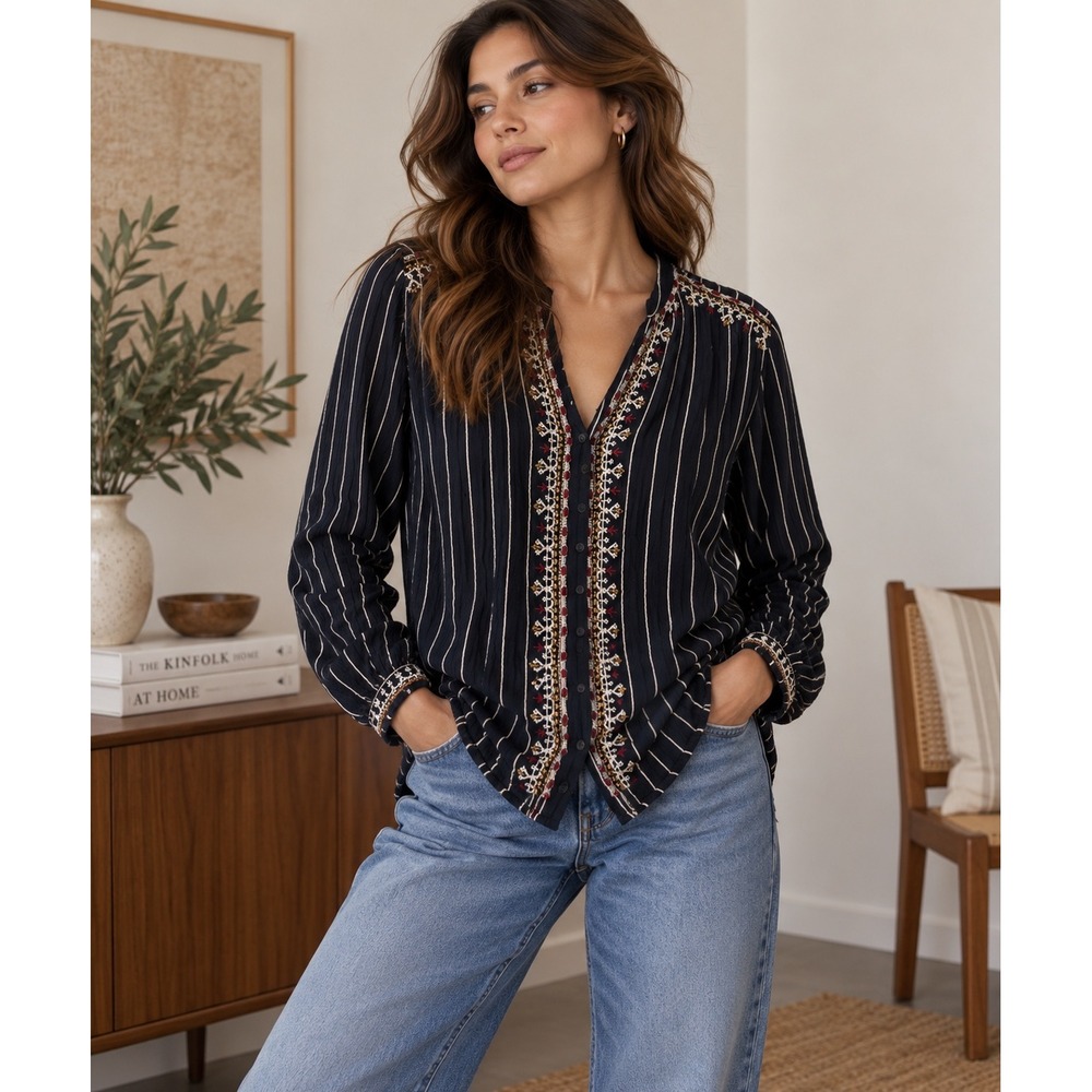Velvet Graham & Spencer Blouse Womens XS Black Striped Embroidered Boho Peasant
